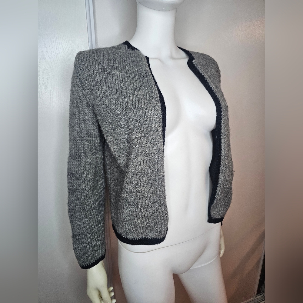 Hand Knit by Ro Kanne Gray/Blk Open-Front Wool Cardigan Size S/M